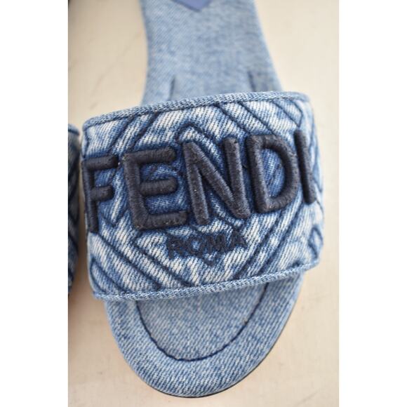 Fendi Blue Denim Signature FF Monogram Logo Mule Slide Flat Flip Flop Sandal 36 - Picture 9 of 15